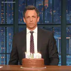 Seth Meyers blows out birthday cake with fire extinguisher