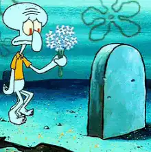 Squidward mourns at a grave