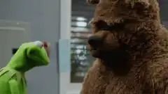 Kermit hugs the bear