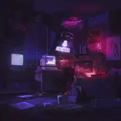 neon retro bedroom with monsters sign
