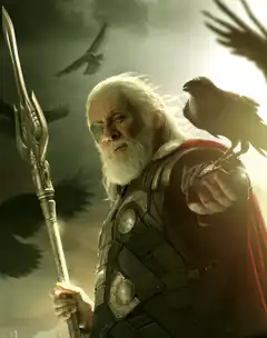 Old Thor with ravens and spear