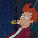 Fry blowing a party horn