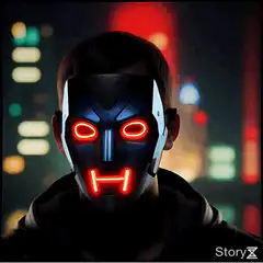Man in glowing red mask