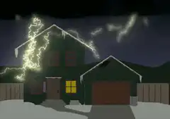 Lightning strikes a house at night