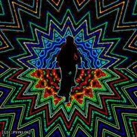 Psychedelic silhouette walking through kaleidoscope