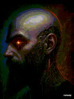Cyborg man with glowing red eyes
