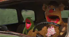 Fozzie Bear and Kermit driving in a car