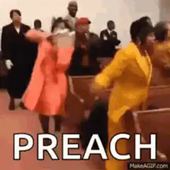 Women dancing in church with PREACH text