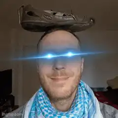 Man with shoe on head and laser eyes