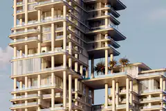 Modern luxury high-rise building with palm trees
