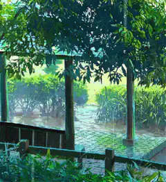 Rain falling in a garden