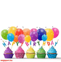Colorful cupcakes and balloons with happy birthday candles