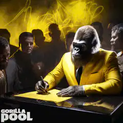 Gorilla in yellow suit signing contract