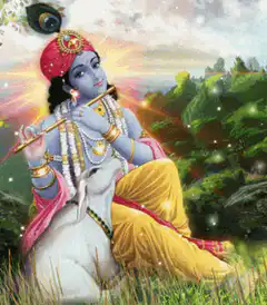 Krishna playing flute with cow