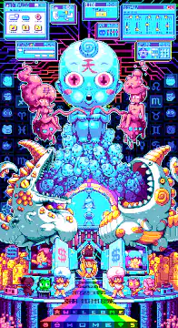 pixel art shrine with blue spirit
