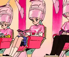 anime girl reading under hair dryer