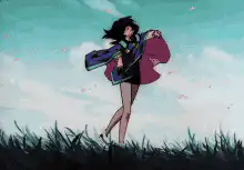 Anime girl with long black hair and cherry blossoms