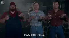 Three men eating and drinking CAN CONFIRM