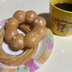 Glazed donut and churro with Rilakkuma mug