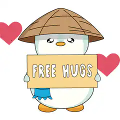 Cute penguin holding free hugs sign