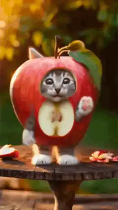 kitten in apple costume dancing