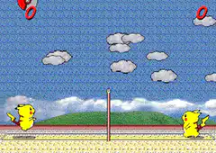 Pikachu playing volleyball with pokeballs