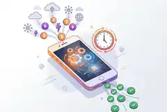 smartphone with gears and bitcoin icons