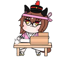 Chibi girl with cat ears and hat at desk