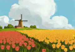 Windmill spinning over tulip fields