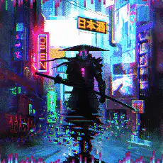 Cyberpunk samurai walking in neon city