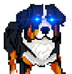pixel art dog with glowing blue eyes