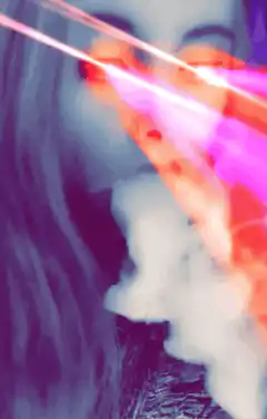 woman exhaling smoke with laser beams