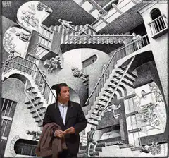 Man confused by Escher stairs