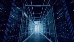 Futuristic blue server room corridor