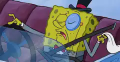SpongeBob driving with monocle