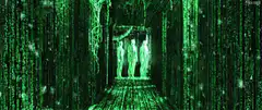 Matrix code hallway with three figures