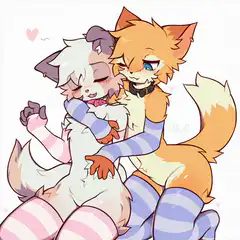 fox hugging white wolf