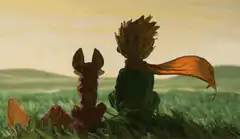 The Little Prince and the Fox sitting in a field