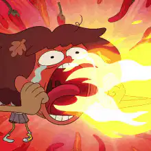 Girl breathing fire after eating spicy pepper