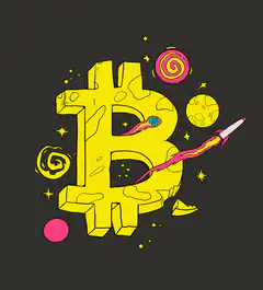 Yellow Bitcoin with rocket and planets