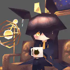 Pixel art character drinking coffee