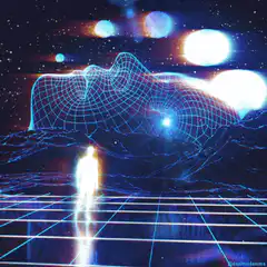 Glowing figure on grid with wireframe face
