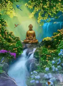 Golden Buddha meditating in a lush paradise