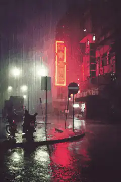 rainy night street with red neon sign