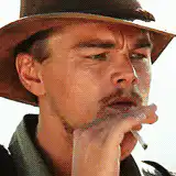 Leonardo DiCaprio smoking and squinting