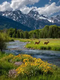 Two deer by a mountain river