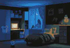Pixel art bedroom at night