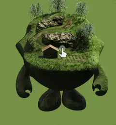 3D animated mossy creature with a house