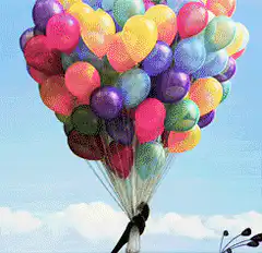Bird flying with colorful balloons