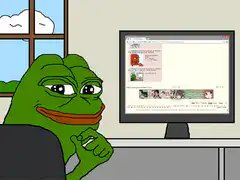 Pepe frog looking at his own gif on a computer